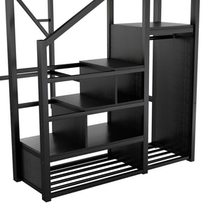English Elm Full Size Loft Bed With Stairs And Storage Shelves – Stylish Black Metal High Loft Bed For Kids & Teens W2580S00037