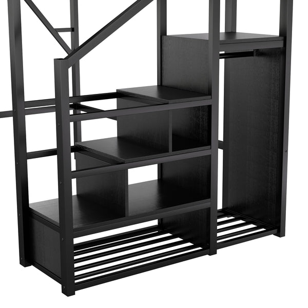 English Elm Full Size Loft Bed With Stairs And Storage Shelves – Stylish Black Metal High Loft Bed For Kids & Teens W2580S00037