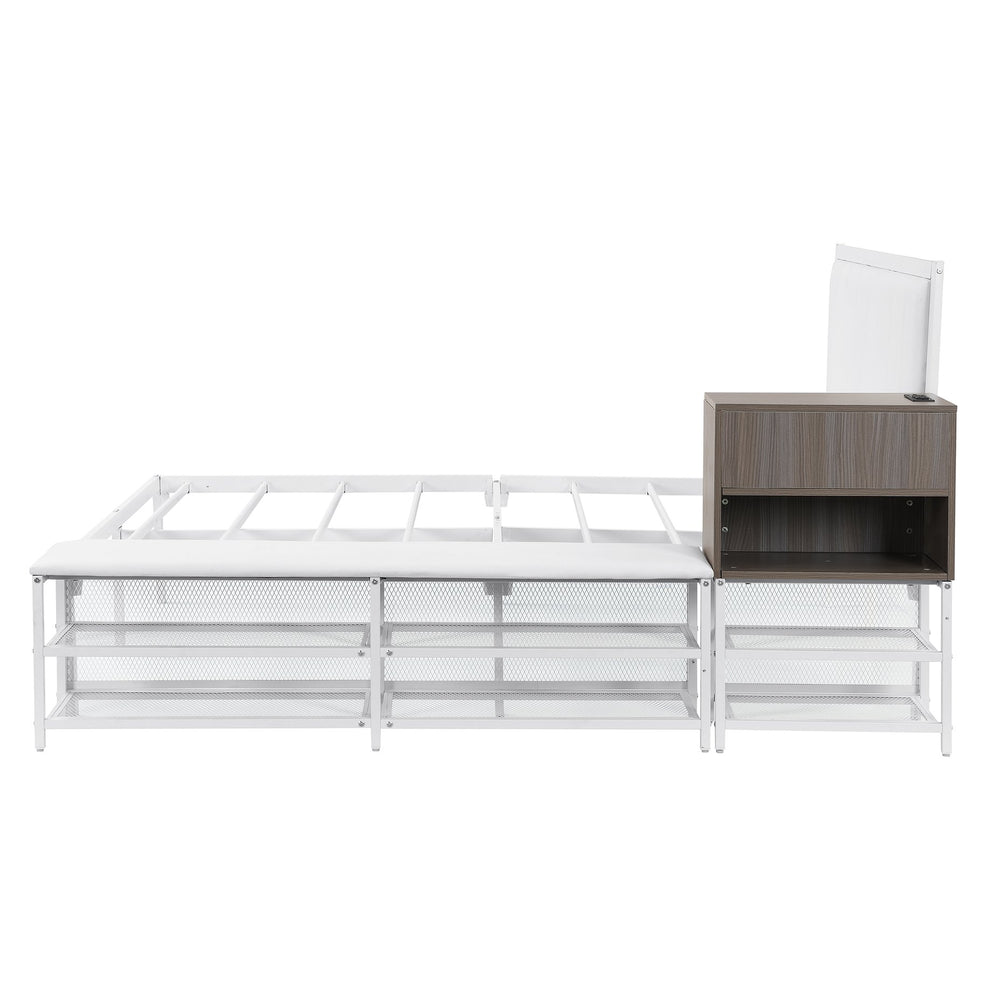 English Elm Full Size Metal Platform Bed With Stylish Storage Shelves & Cushioned Footrest For Organized Living N737P199334K