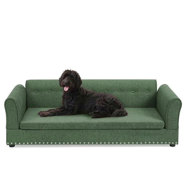 English Elm Oversized Linen Pet Sofa with Backrest Armrests Rubberwood Frame for Large Dogs W487P430326