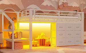 English Elm Twin Metal Low Loft Bed with Storage Stairs Fabric Drawers and Built-in Lights Light White W5305S00044