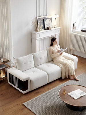 English Elm 3 Seater Sofa Modern 89" Beige Velvet Couch for Small Spaces Cat-Friendly Waterproof Scratch-Resistant W2656S00001