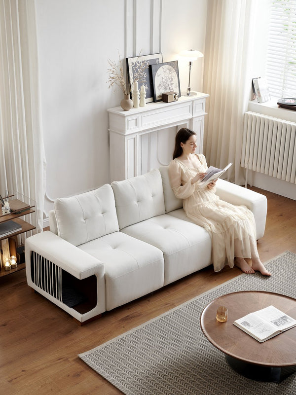 English Elm 3 Seater Sofa Modern 89" Beige Velvet Couch for Small Spaces Cat-Friendly Waterproof Scratch-Resistant W2656S00001