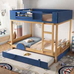 English Elm Full Bunk Bed with Trundle Bookshelf Storage Pine Frame Car Design for Kids Blue,Natural W1580S00445