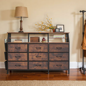 English Elm 55''W Modern Dresser with 9 Fabric Drawers & 2 Open Shelves — Sturdy Wood‑Metal Chest, Anti‑Tip Stability Brown T3950P402194