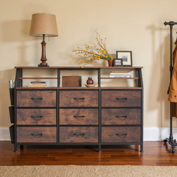 English Elm 55''W Modern Dresser with 9 Fabric Drawers & 2 Open Shelves — Sturdy Wood‑Metal Chest, Anti‑Tip Stability Brown T3950P402194