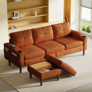 English Elm Convertible Modular 3-Seater Sofa with Removable Ottomans, Dual Side Storage and Versatile Layouts Orange W2012P318979