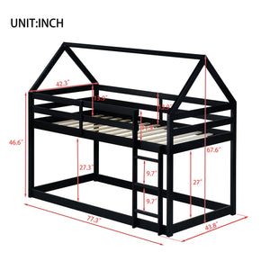 English Elm Twin Rubber Wood Floor Bunk Bed House-Shaped Design with Ladder Guardrails Sturdy Low-Profile Retreat Black W504P206865