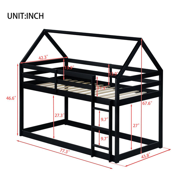 English Elm Twin Rubber Wood Floor Bunk Bed House-Shaped Design with Ladder Guardrails Sturdy Low-Profile Retreat Black W504P206865