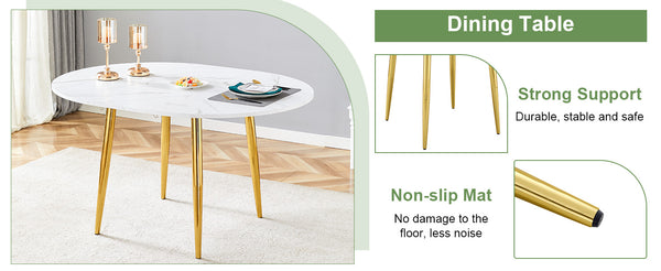 English Elm Table and Chair Set Extendable Round Mdf Top Gold Legs Four Pu Dining Seats Black,White+Gold W1151S04830