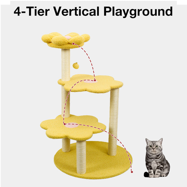English Elm Cat Tree Daisy Floral Multi Level Climbing Tower with Sisal Posts and Plush Perch Yellow W243P451495