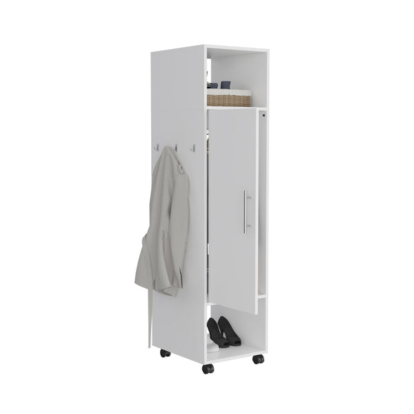 English Elm Cluster 63" Tall Wardrobe with Mirror, Shelves, Casters & Hanging Rod for Compact Room Organization White 42.2 L x 23.3 W x 6 H B200P240238