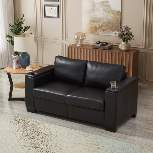 English Elm 67.7" Modern Loveseat Sofa with Cup Holders and Hidden Storage, Polyester Upholstery, Solid Wood Frame Black W1097S00199