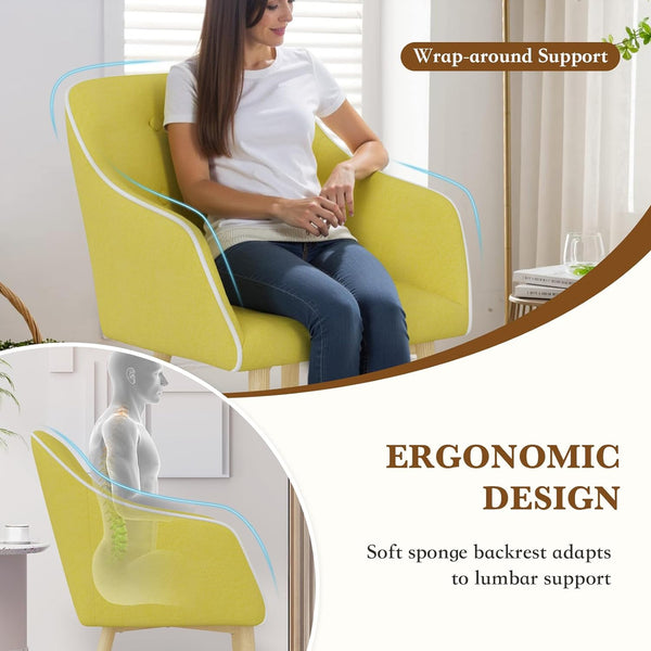 English Elm Dining Chairs Set of 2 Mid-Century Modern Upholstered Linen Side Chairs with Thick Foam Cushions, Wooden Legs and Armrests for Dining Room Comfort Yellow T3950P405212