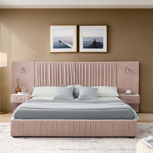 English Elm Queen Upholstered Bed Frame With Chenille Fabric, Pleated Headboard & Built-In Nightstand - Pink W487S00399-GIGA