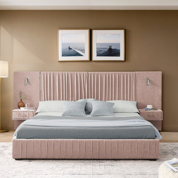 English Elm Queen Upholstered Bed Frame With Chenille Fabric, Pleated Headboard & Built-In Nightstand - Pink W487S00399-GIGA