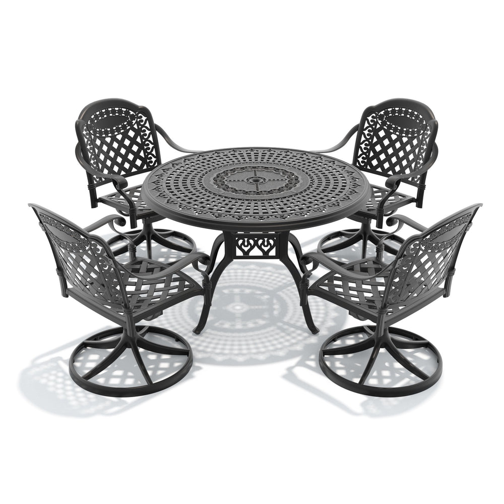 English Elm 5-piece Cast Aluminum Outdoor Dining Set with Ornate Swivel Chairs and Round Patio Table W1710S00307