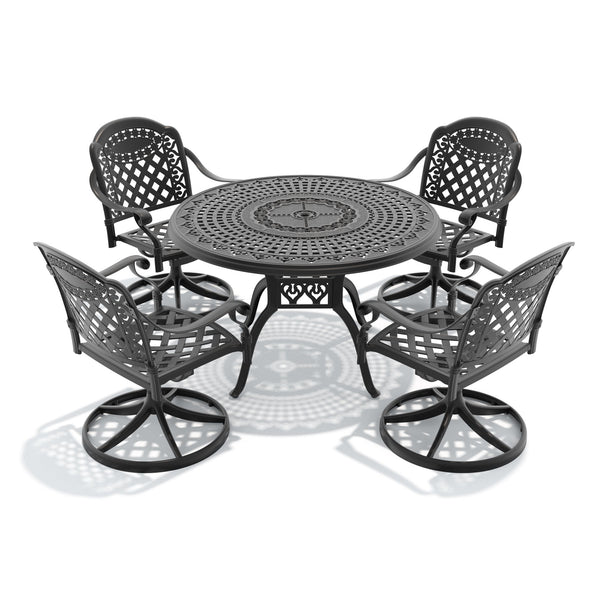 English Elm 5-piece Cast Aluminum Outdoor Dining Set with Ornate Swivel Chairs and Round Patio Table W1710S00307