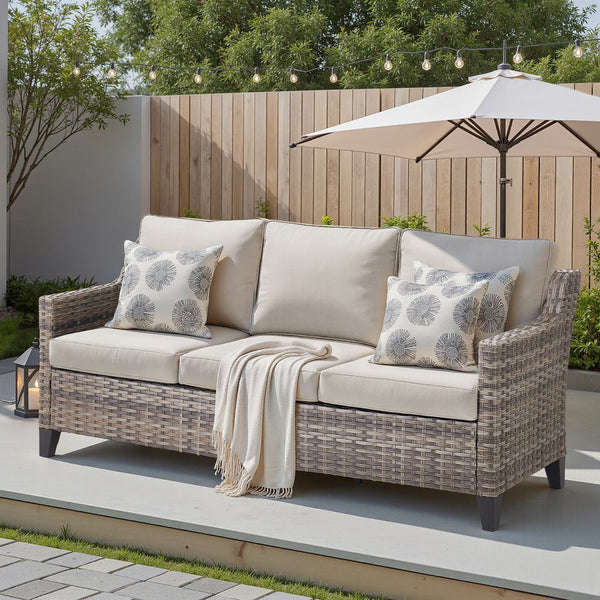 English Elm 73.2" Outdoor Handwoven Rattan 3 Seat Sofa with Olefin Cushions for Porch or Patio Beige T3773P416337