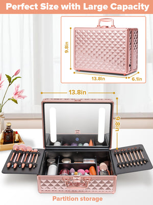 English Elm Portable Led Vanity Makeup Case Aluminum Travel Organizer with Mirror Lock Dividers W1550P163304