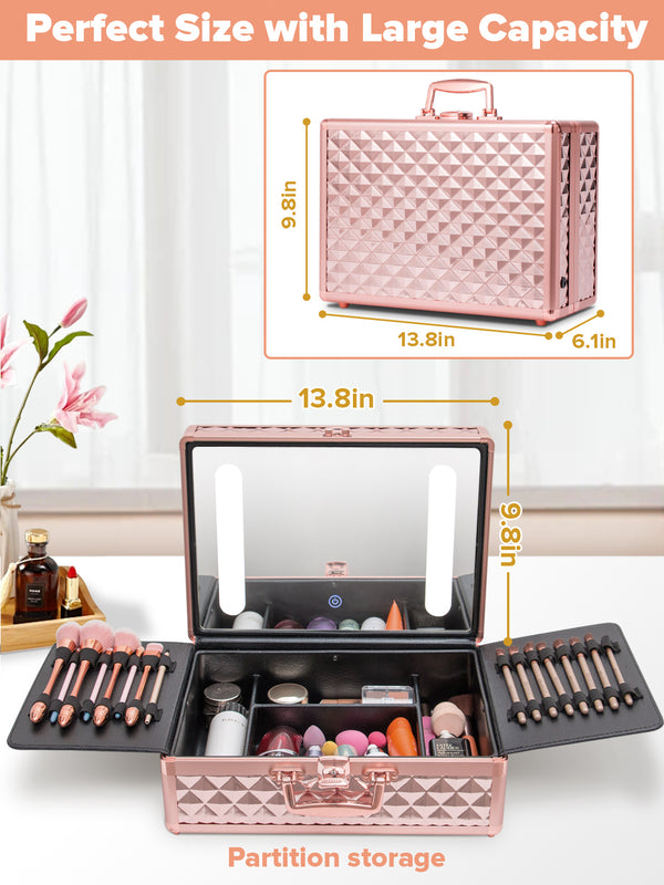 English Elm Portable Led Vanity Makeup Case Aluminum Travel Organizer with Mirror Lock Dividers W1550P163304
