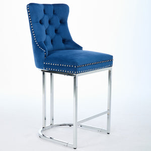 English Elm 25" High Back Velvet Counter Stools Set of 2 with Deep Button Tufting, Spring-Cushion Comfort & Chrome Base Blue W1143P217852