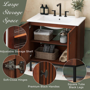 English Elm Christopher Knight Home® - 30" Vintage Bathroom Vanity with Rectangle Ceramic Sink, Rubber Wood Legs, Soft-Close Doors, Adjustable Shelves Antique brown,Dark Brown N817P245324B