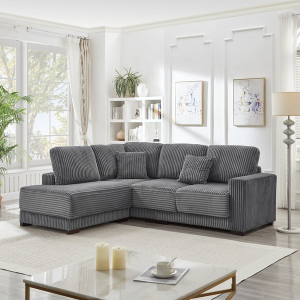 English Elm 93" Sectional Sofa L-Shaped Upholstered Corduroy 3-Seater with Reversible Chaise, Solid Wood Frame, Plush Coil-Foam Cushions Grey W1097S00222