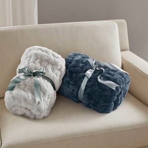 JLA Home Madison Park - Throw Ruched Faux Fur Throw with Plush Faux Mink Reverse, OEKO‑TEX Certified, Machine Washable Luxury Silver Grey MP50-8106