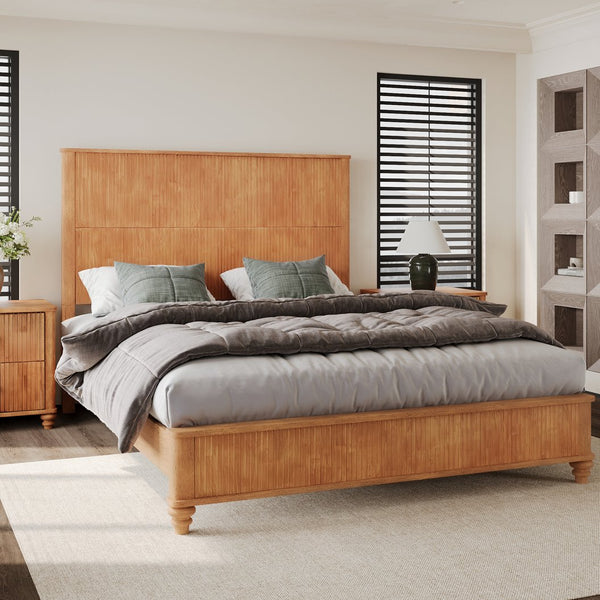 English Elm Solid Rubberwood Queen Platform Bed Tall Headboard Vertical Grain No Box Spring Natural W5819S00004