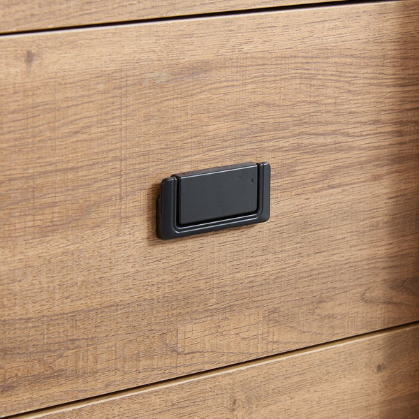 English Elm 5 Drawer Dresser with Sliding Barn Door — Farmhouse Modern MDF Chest with Metal Handle, Adjustable Shelves, Spacious Top Oak W2275P206614