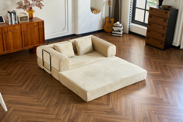 English Elm 59'' Corduroy Convertible Floor Sofa Sleeper with Bolster Pillow for Small Spaces Beige W3434P406618