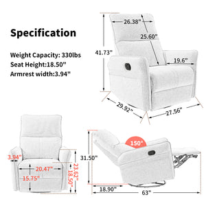 English Elm 360° Swivel Rocker Recliner Chair, Gray Fabric Glider with 360° Swivel, 30° Rocking & 90–150° Recline for Living Room, Nursery, Home Theater Comfort W1028P261550