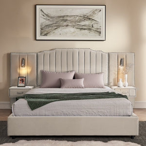 English Elm Queen Velvet Platform Bed with Tufted Headboard Integrated Nightstands and Striped Design Beige W487S00440