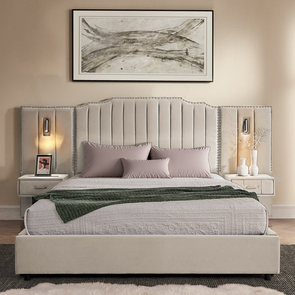 English Elm Queen Velvet Platform Bed with Tufted Headboard Integrated Nightstands and Striped Design Beige W487S00440