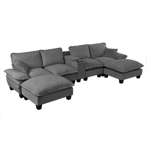 English Elm Modular Cloud Sofa U-shape Chenille Sectional with Storage Usb Charging Ottomans Grey W3163S00124