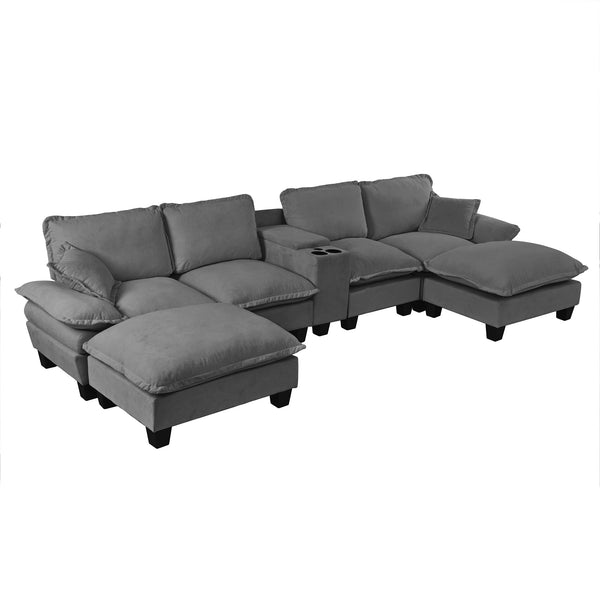 English Elm Modular Cloud Sofa U-shape Chenille Sectional with Storage Usb Charging Ottomans Grey W3163S00124