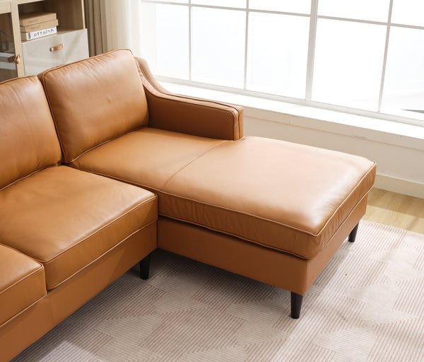 English Elm 94.5-Inch L-Shaped Genuine Leather Sectional Sofa With Right Chaise Lounge - Modern Tan Comfort W791S00021