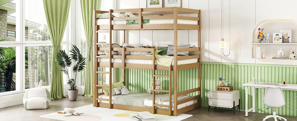 English Elm Triple Rubber Wood Bunk Bed with Built-In Ladders and Guardrails Maximizes Space for Families, Durable Design White Oak W504S00176