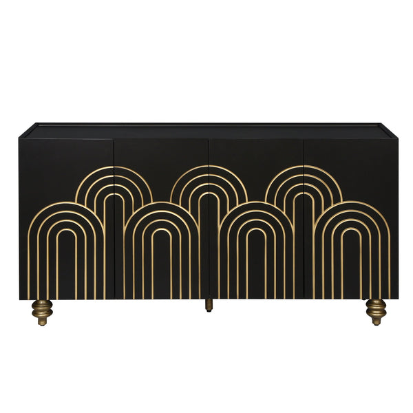 English Elm Modern Fluted Four Door Sideboard Matte Black Glam Cabinet with Gold Accent Feet W1445P256479