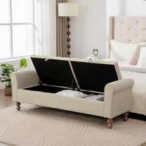 English Elm 65.75" Wide Upholstered Storage Bench Napped Fabric Rolled Arms Rubberwood Legs Greige W3098P397302