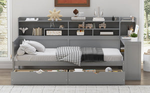 English Elm Wooden Twin Daybed with Built-In Desk, Side Shelves and Dual Drawers for Smart Space Saving Gray 54.9 L x 18.75 W x 5.6 H N733S241484E