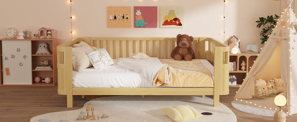 English Elm Queen Low Profile Pine Wood Kids Platform Bed with Guardrails and Rounded Safety Posts Natural W2593P409123