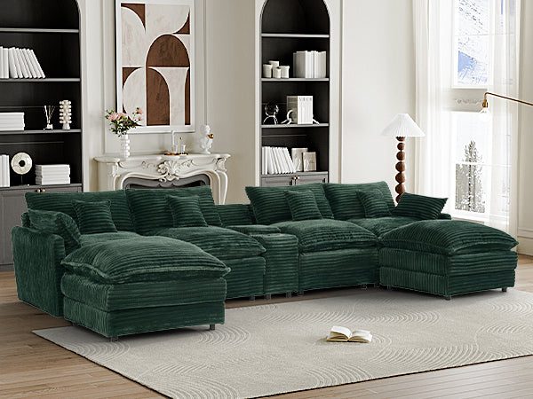 English Elm 145-inch U-shaped Sectional Sofa Seven Piece Woolen Set with Console and Memory Foam Green W2564S00043