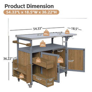 English Elm 54.33" Farmhouse Outdoor Kitchen Cart Solid Fir Frame Steel Top Storage Bbq Prep Blue Gray,Walnut Brown N767P379702B