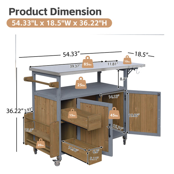 English Elm 54.33" Farmhouse Outdoor Kitchen Cart Solid Fir Frame Steel Top Storage Bbq Prep Blue Gray,Walnut Brown N767P379702B