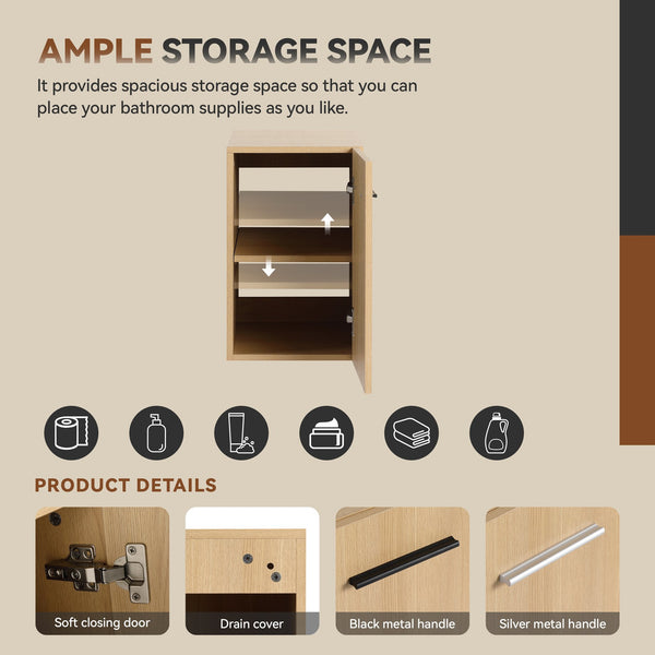 English Elm 12" Wall-mounted Oak Plywood Bathroom Linen Cabinet Slim Floating Single Door Storage W3450P440600
