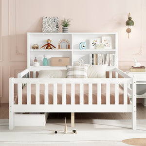 English Elm Full Solid Wood Platform Bed with Chalkboard Headboard, Storage Drawers & Shelves, Kid-Friendly White Off White W1580P362707