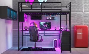 English Elm Full Metal Loft Bed with LED Desk & 4 Shelves, Black – Sturdy Full Frame, Color-Changing Lights, Compact GX000653AAB