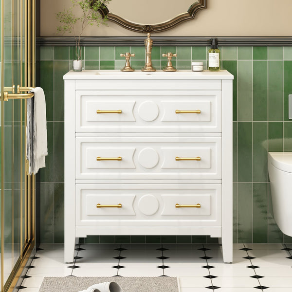 English Elm 30'' Bathroom Vanity with Ceramic Sink, Solid Wood Frame Retro Style Vanity with 3 Drawers & Gold Handles White N710P246209K